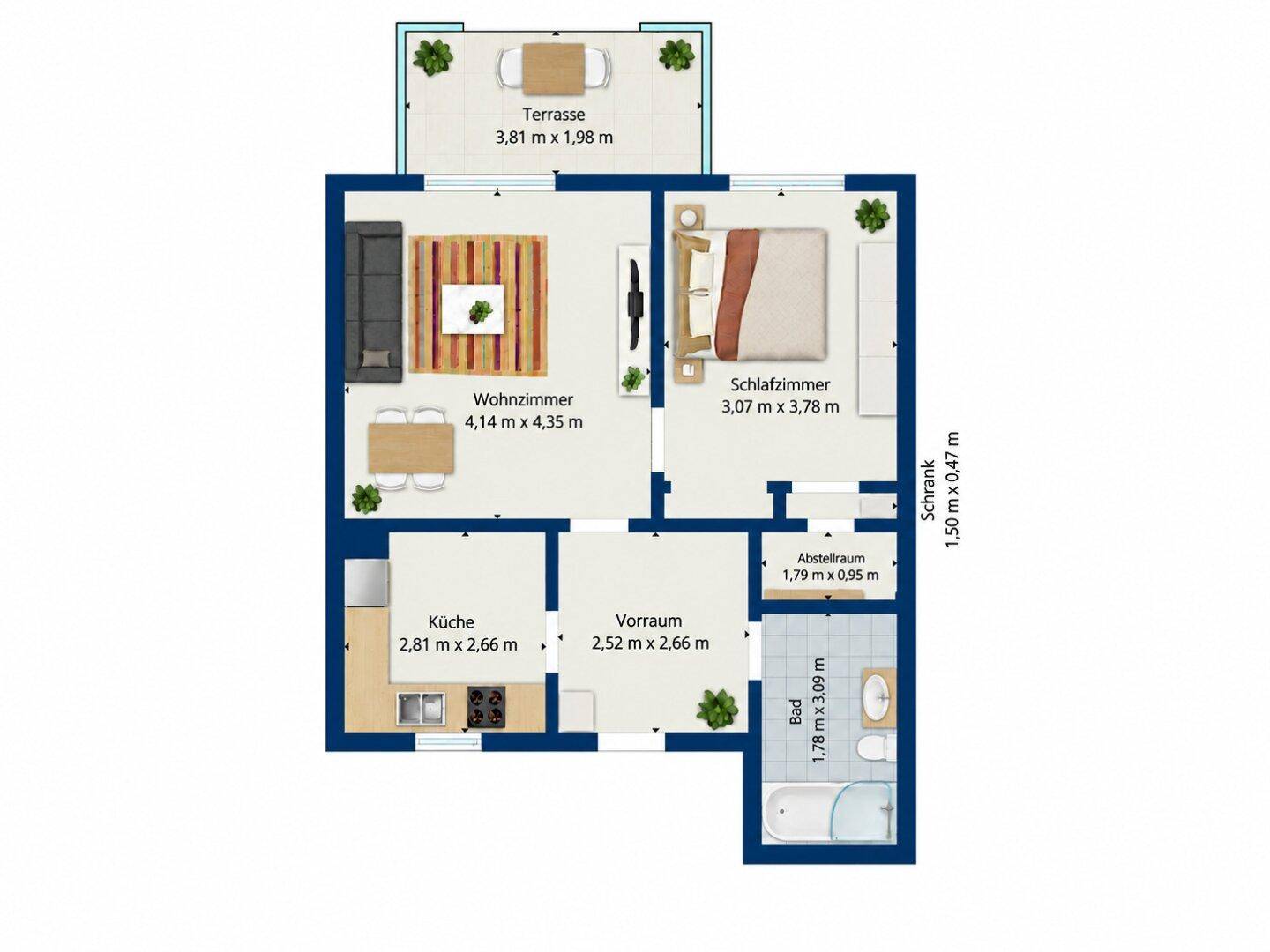 Detaillierter Grundriss einer Wohnung mit Terrasse, Wohnzimmer, Schlafzimmer und separater Küche.