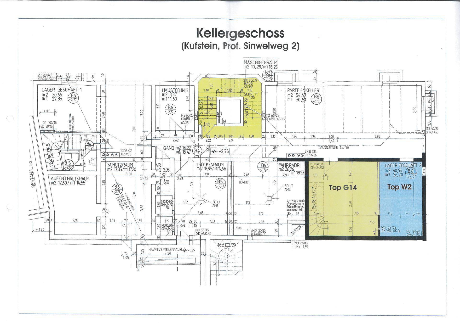 Grundriss des Kellergeschosses mit Lagerflächen, Technikräumen, einem Fahrradraum und Aufzugzugang.
