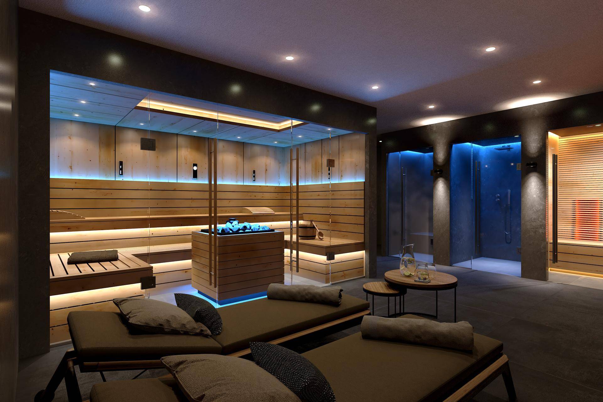 Exklusiver Wellnessbereich mit Sauna, Dampfbad und komfortablen Liegen zur Entspannung.
