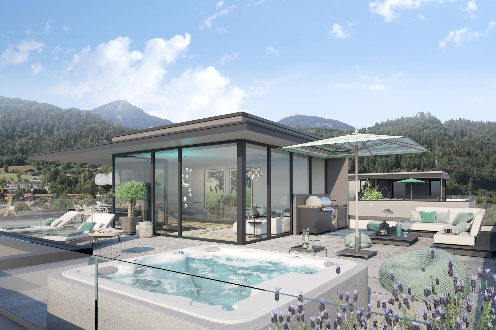 Großzügige Dachterrasse mit Whirlpool, Lounge-Möbeln und atemberaubendem Bergblick.