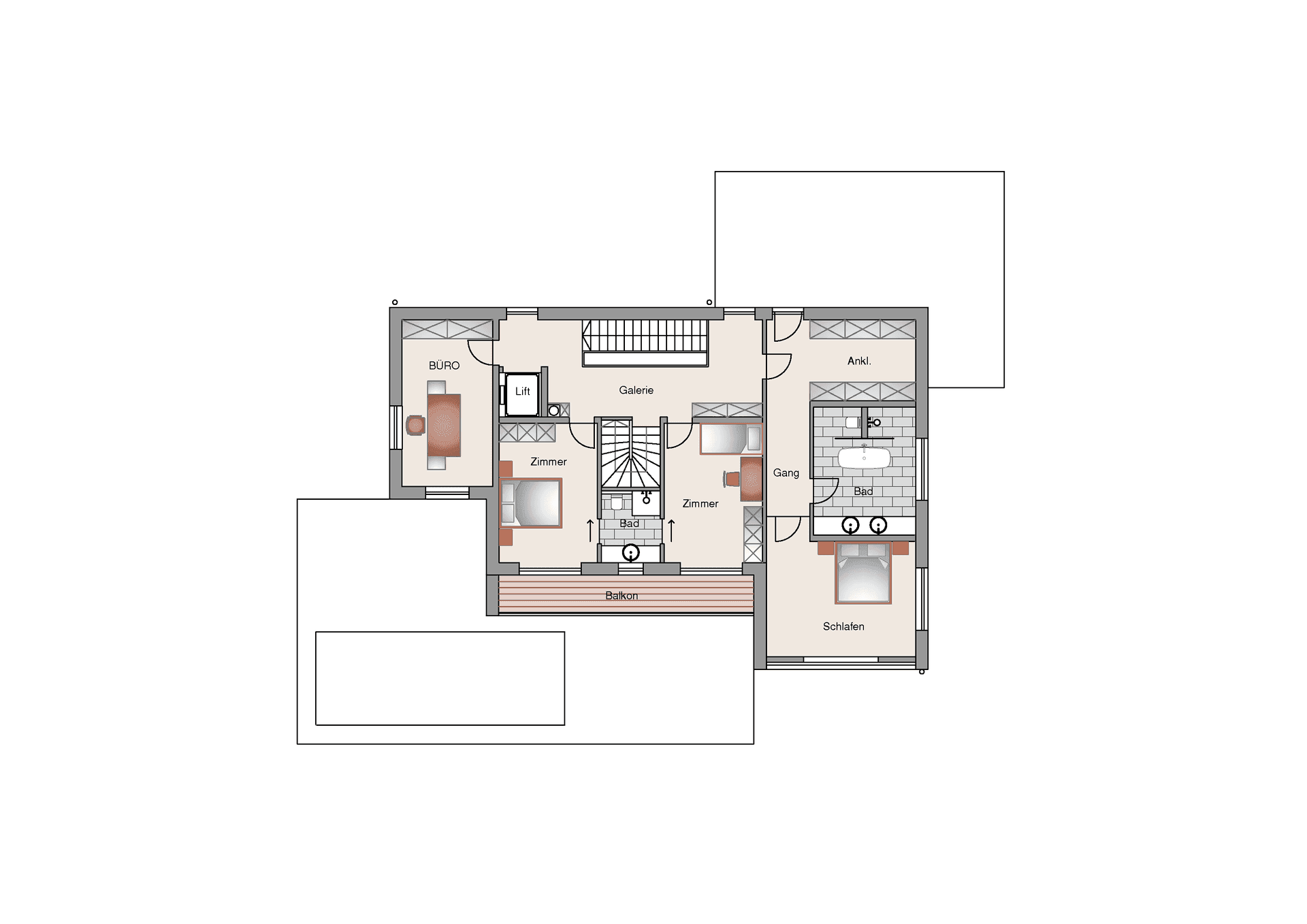 Grundriss des Obergeschosses mit Schlafzimmern, Bädern, Büro und Balkonzugang.