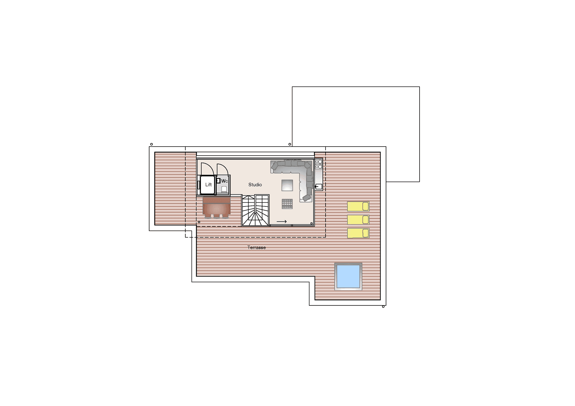 Grundriss des Dachgeschosses mit Studio, Terrasse und Zugang zum Aufzug.