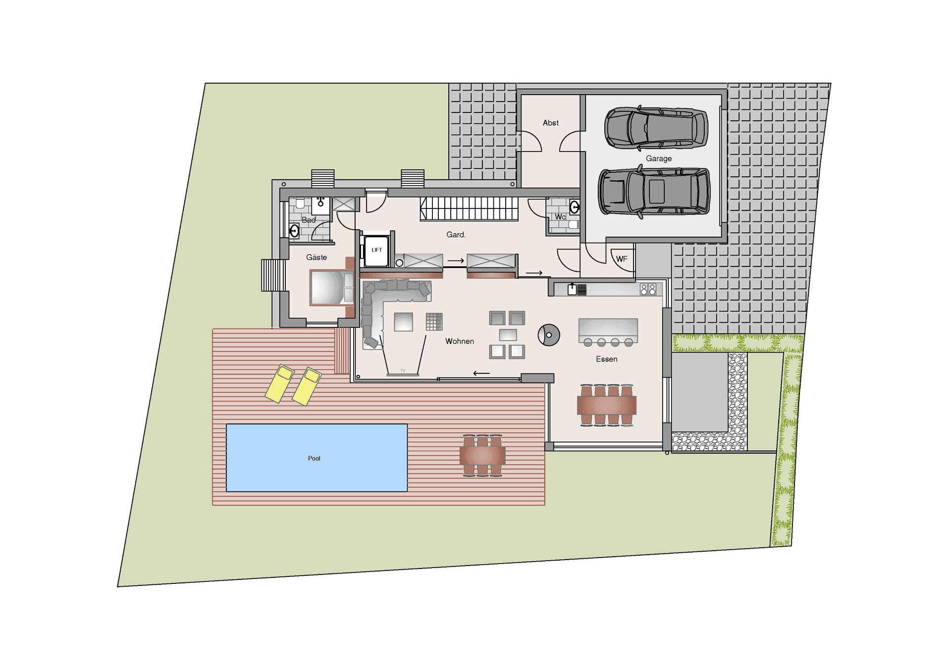 Grundriss des Erdgeschosses mit offenem Wohn-Essbereich, Pool und Doppelgarage.