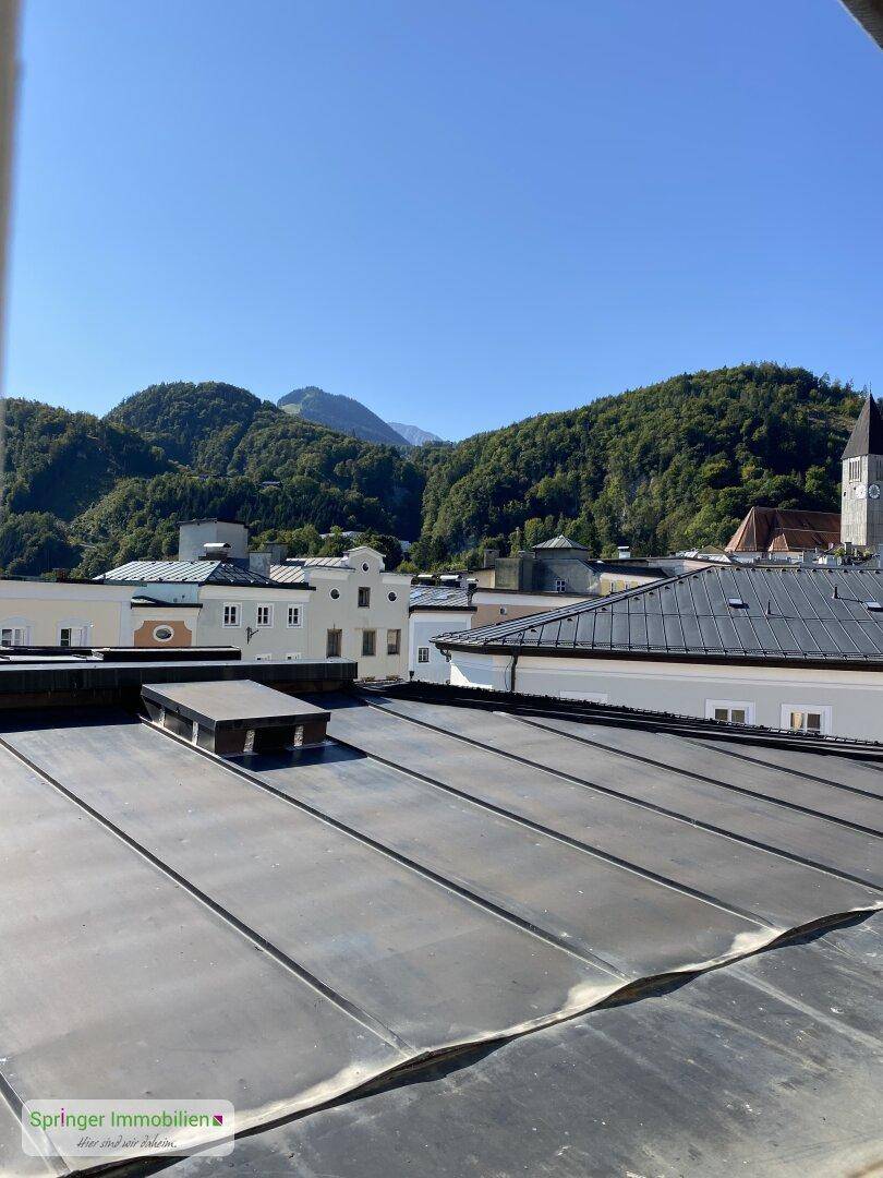 Weitblick über die Dächer der Stadt mit bewaldeten Bergen und einem Kirchturm am Horizont.