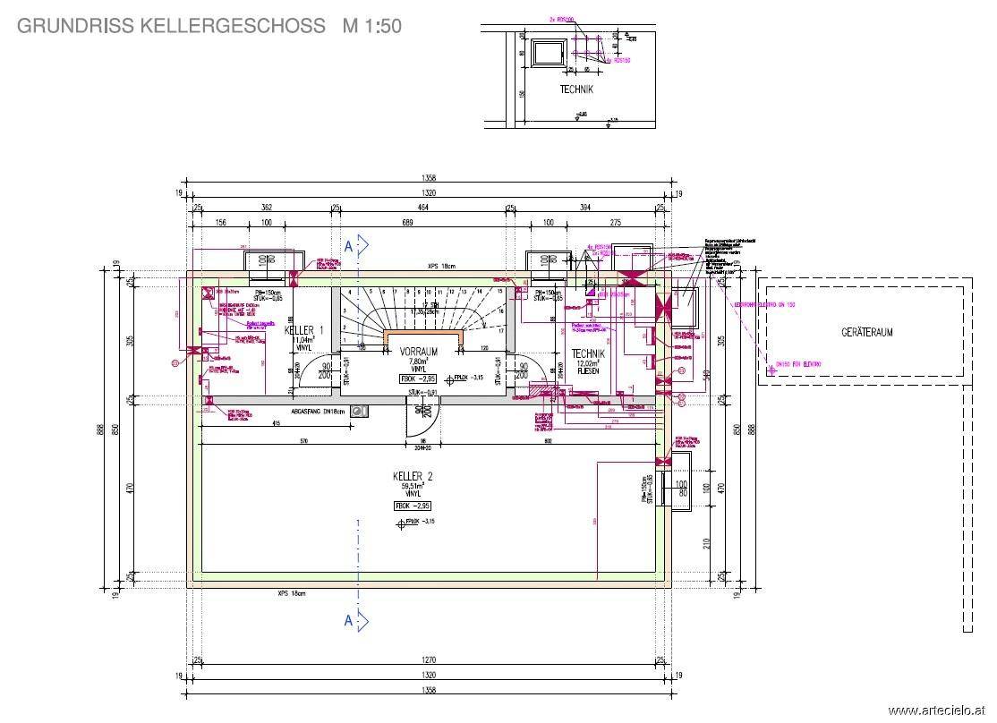 Grundriss des Kellergeschosses mit Technikraum, Vorraum und zwei Kellerräumen.