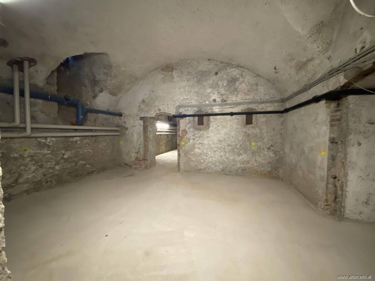 Rustikaler Kellerraum mit gewölbter Decke und unverputzten Wänden, ideal für Lagerzwecke.