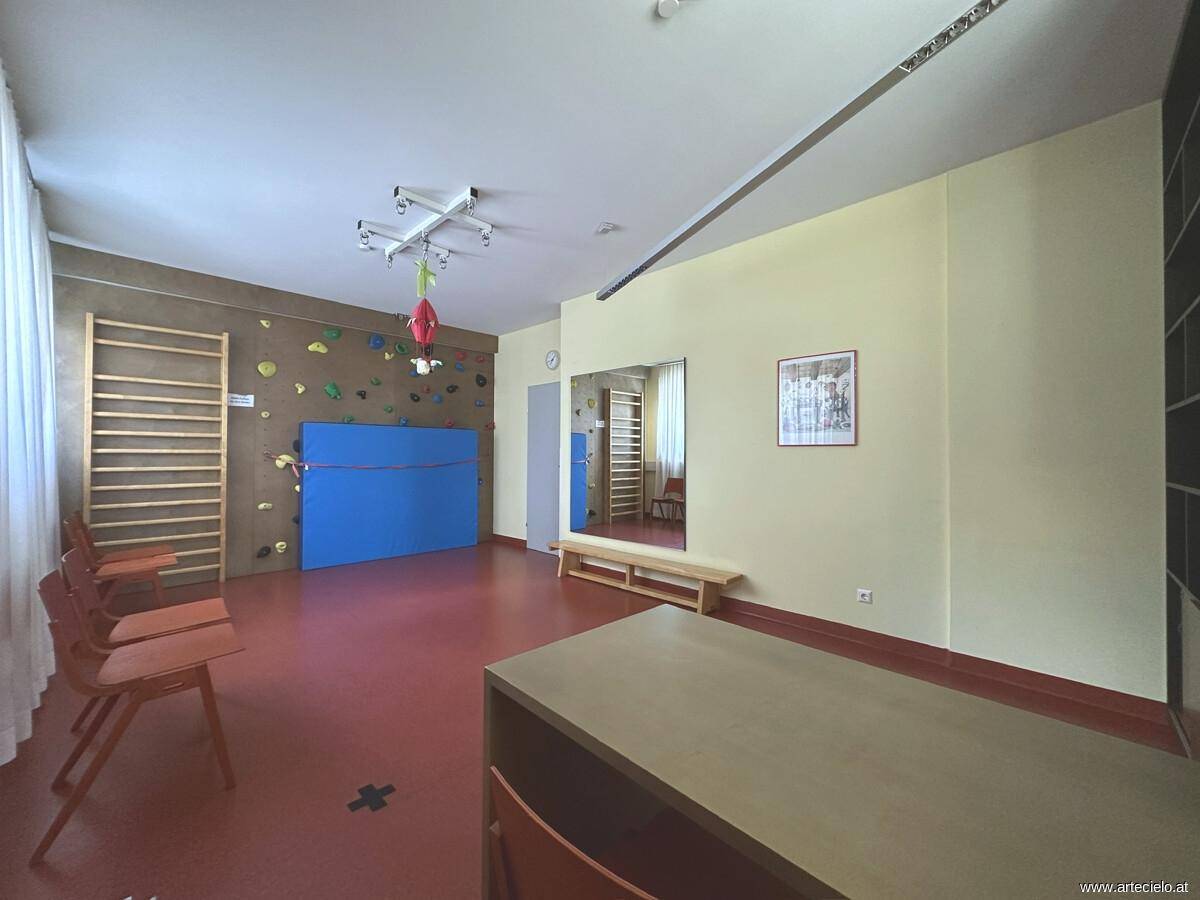 Geräumiger Therapieraum mit Kletterwand, Sprossenwand, Spiegel und rotem Boden für vielfältige Übungen.