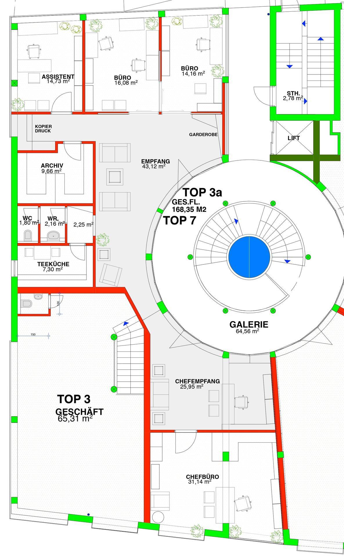 Detaillierter Grundriss einer Gewerbefläche mit mehreren Büros, Empfangsbereich und Teeküche.