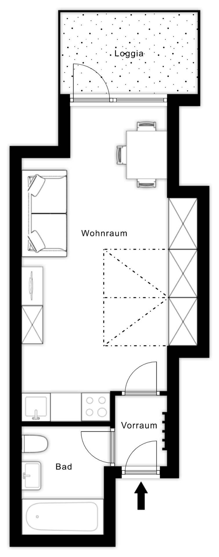 Grundriss einer Wohnung mit Vorraum, Bad, Wohnraum, integrierter Küche und Loggia.
