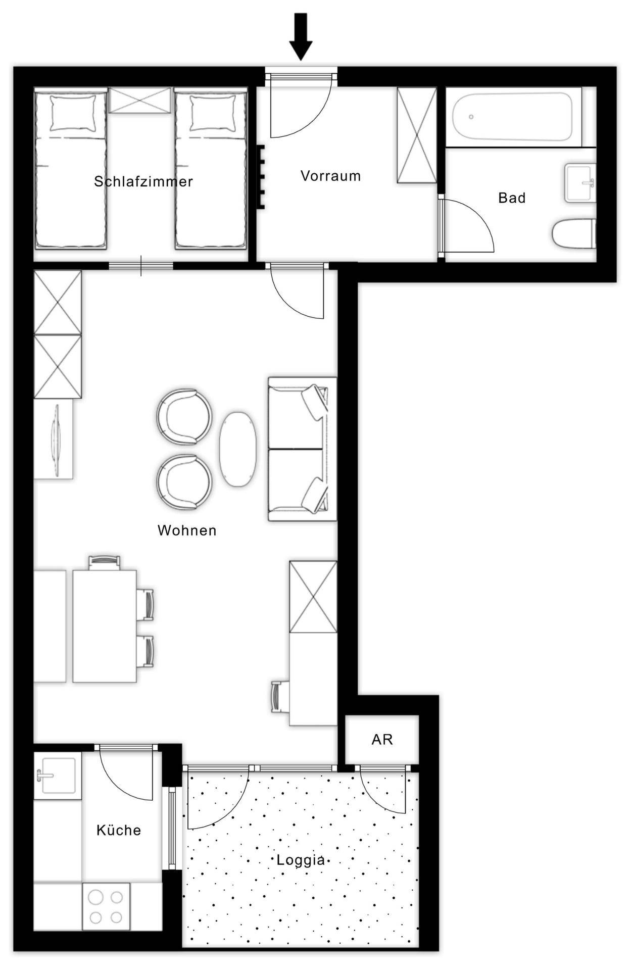 Grundriss einer Wohnung mit Schlafzimmer, offenem Wohn-Essbereich, Küche, Bad und Loggia.