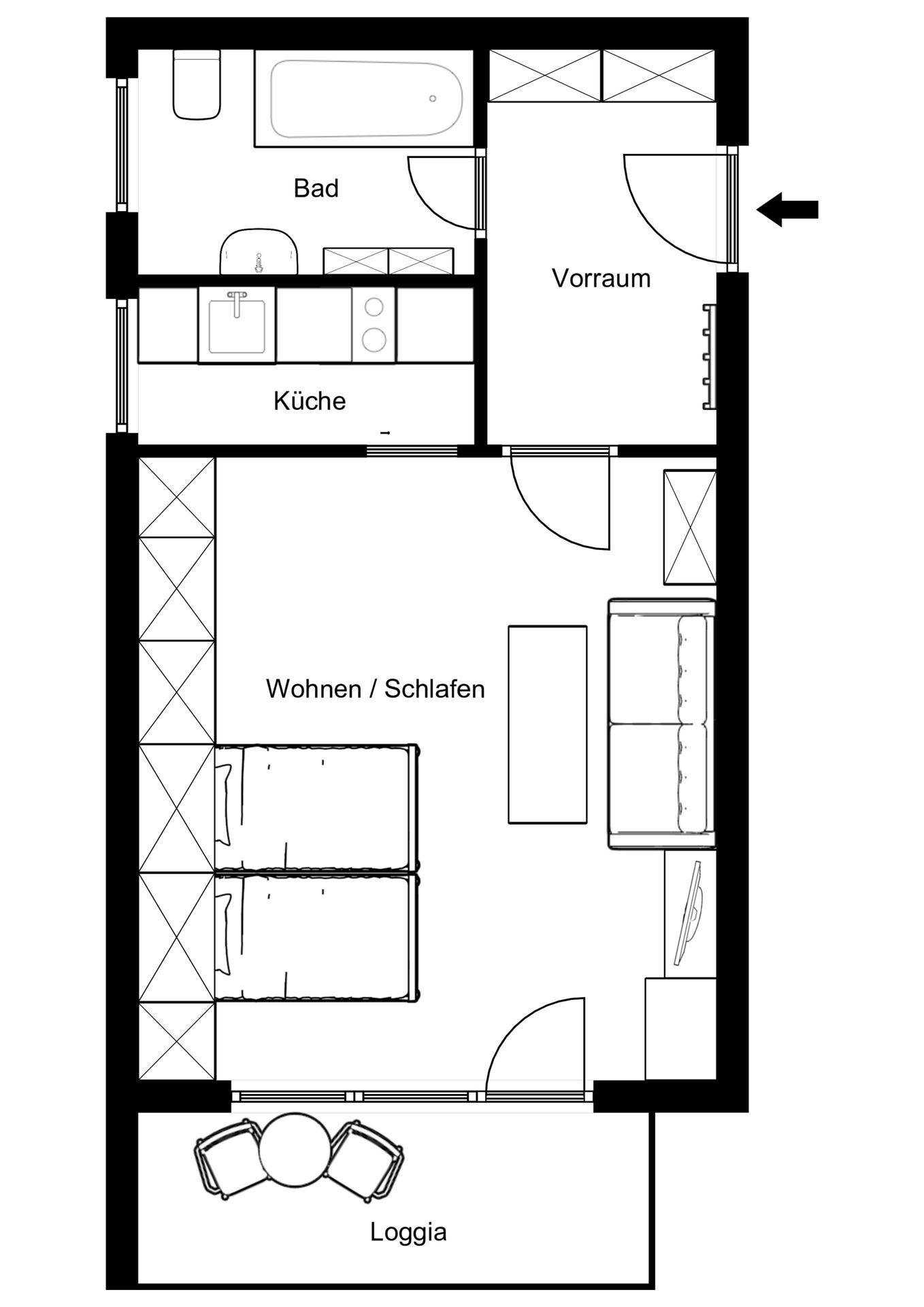 Grundriss einer Wohnung mit Bad, Küche, Wohn-/Schlafbereich und einer Loggia.