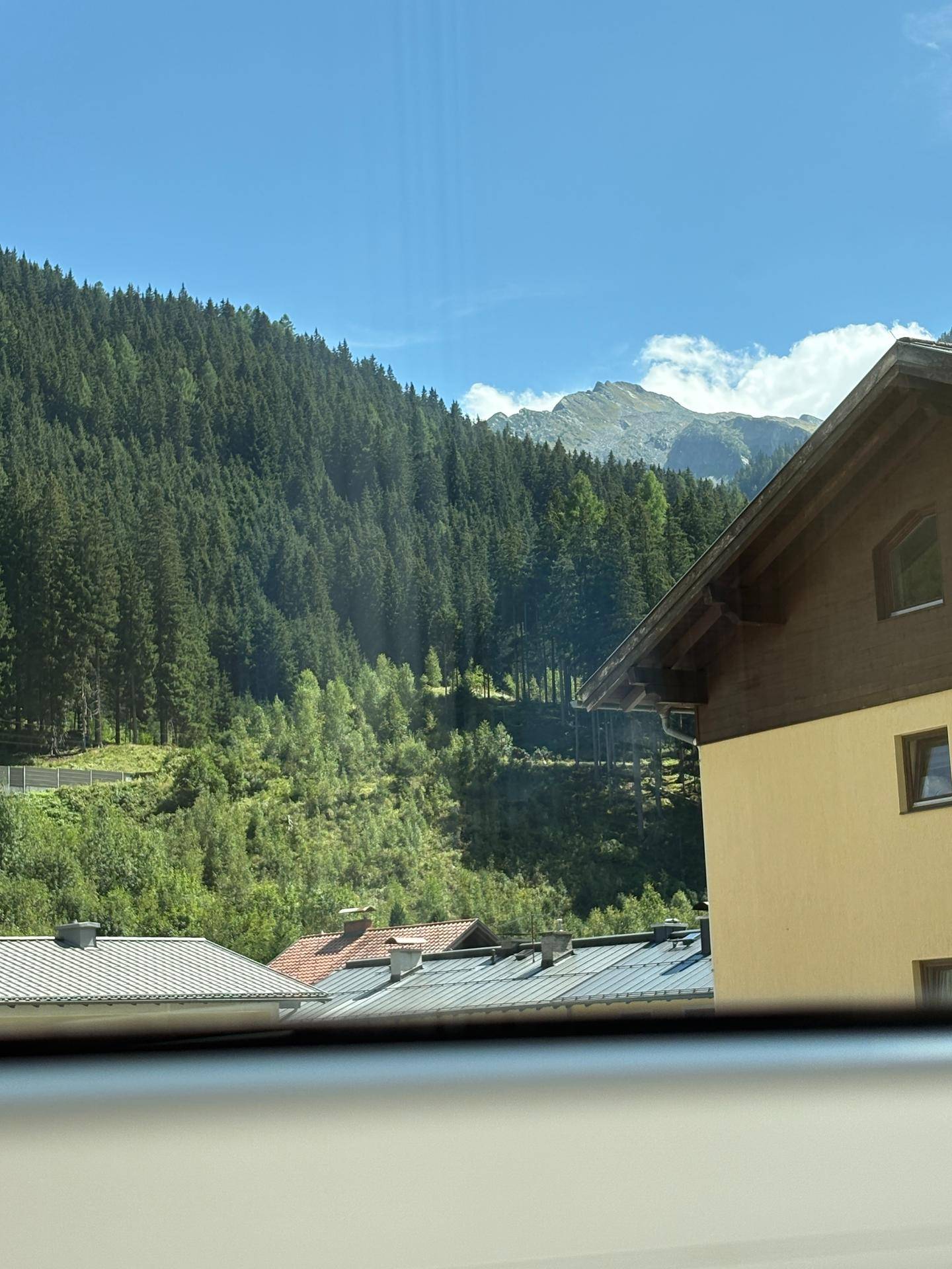 Panoramablick auf bewaldete Berge und benachbarte Gebäude unter strahlend blauem Himmel.