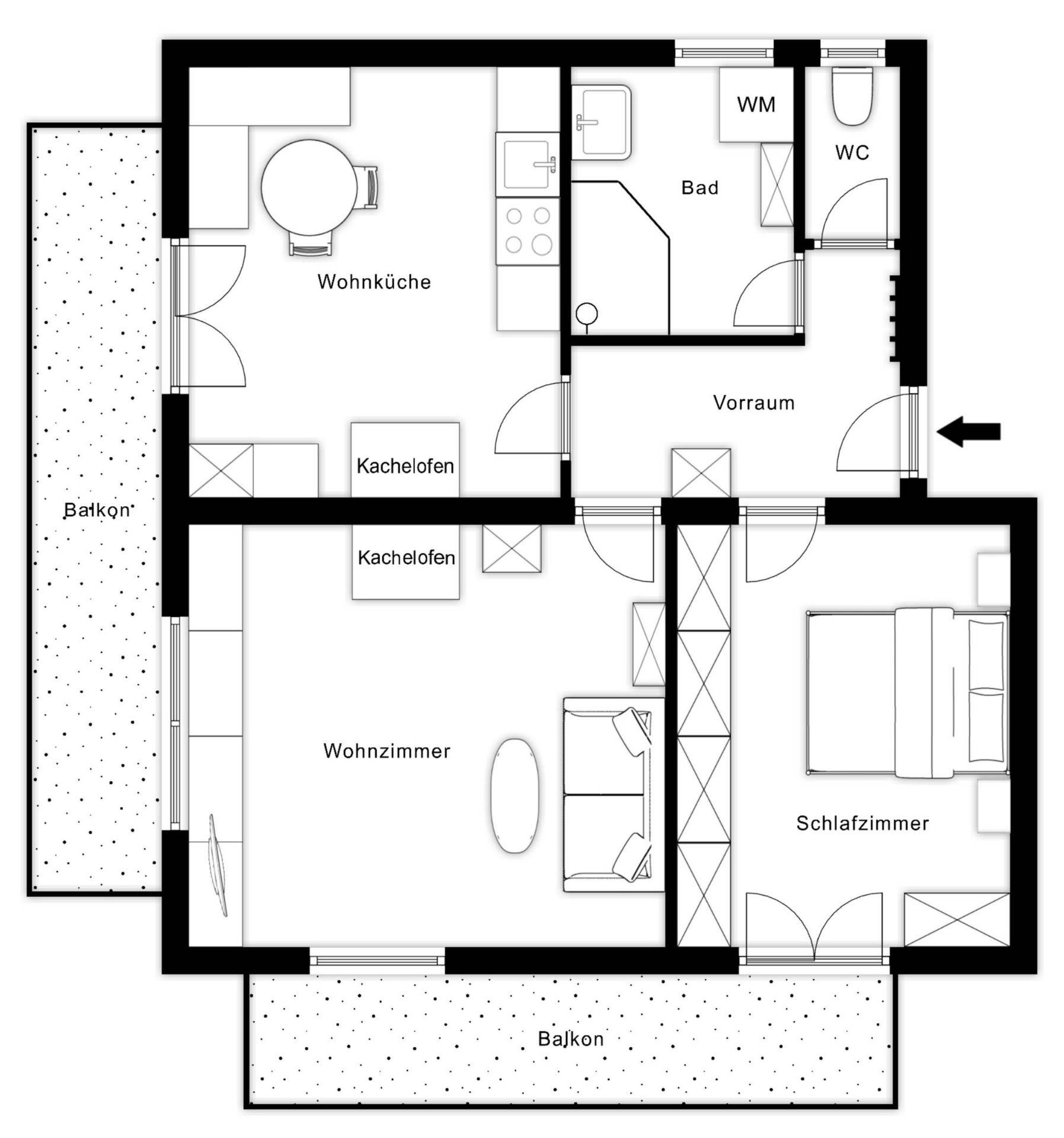 Grundriss einer Wohnung mit Wohnküche, Schlafzimmer, Bad, separatem WC und zwei Balkonen.