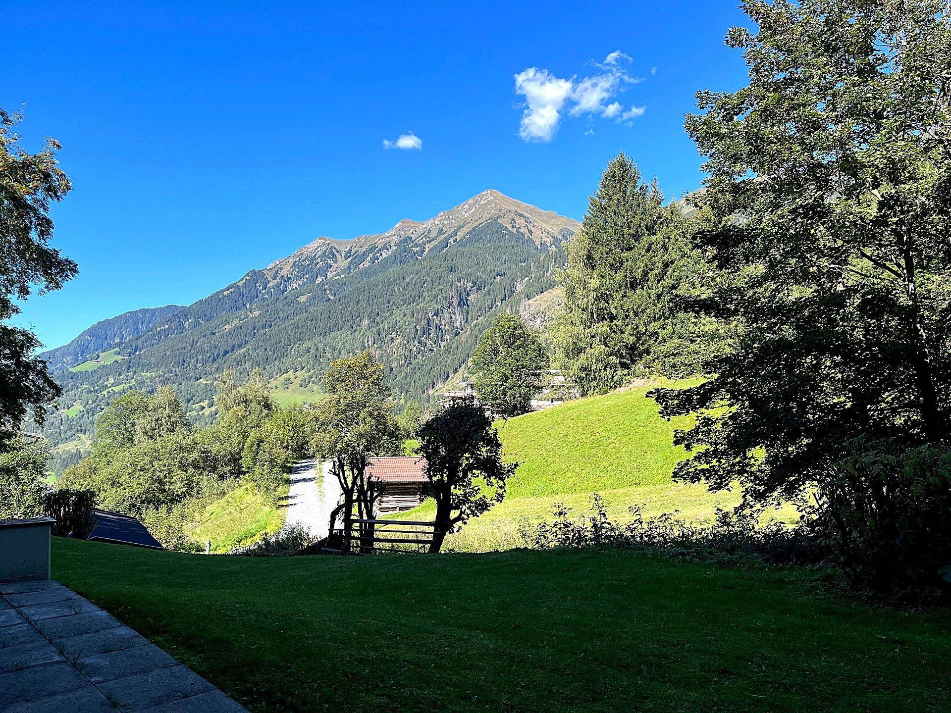 Weitläufiger Gartenbereich mit gepflegtem Rasen und majestätischem Bergblick unter klarem Himmel.