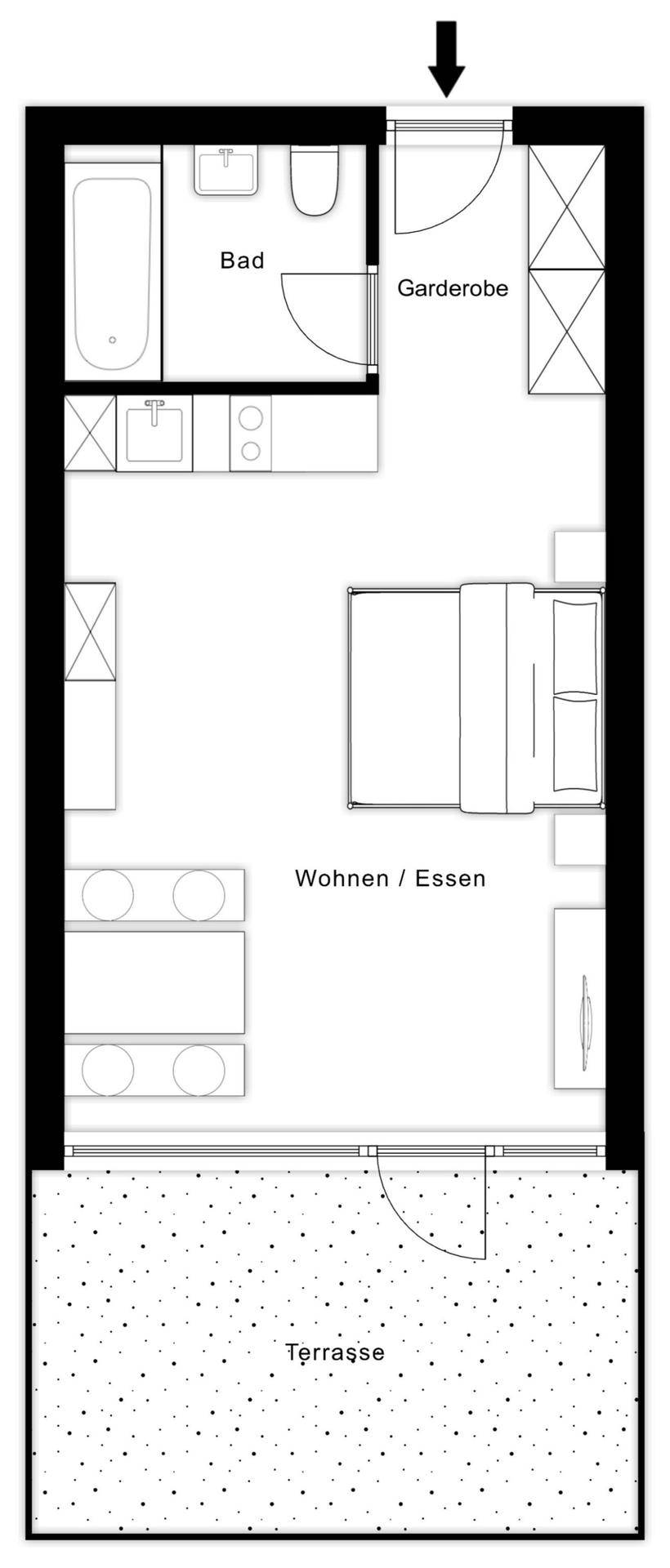 Grundriss einer Studio-Wohnung mit offenem Wohn-/Ess-/Schlafbereich, Bad und Terrasse.