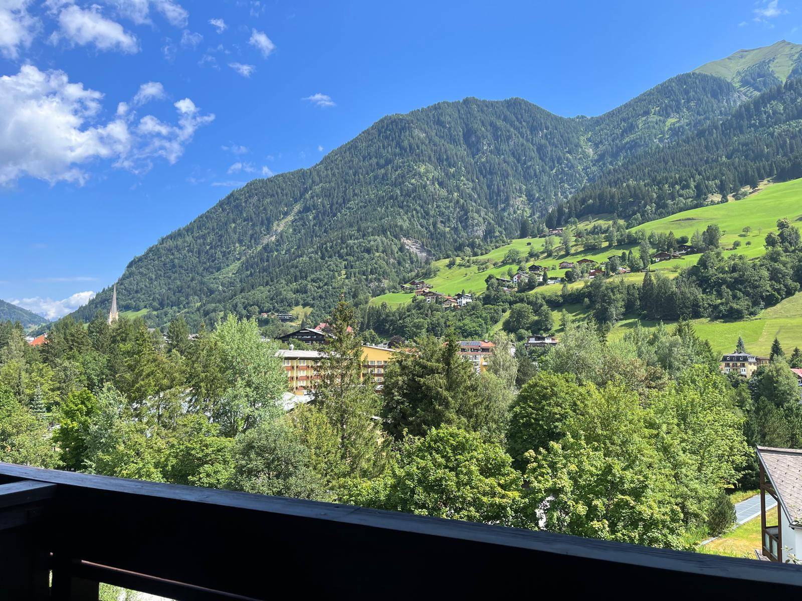 Weitläufiger Panoramablick vom Balkon über bewaldete Berge und ein malerisches Dorf.