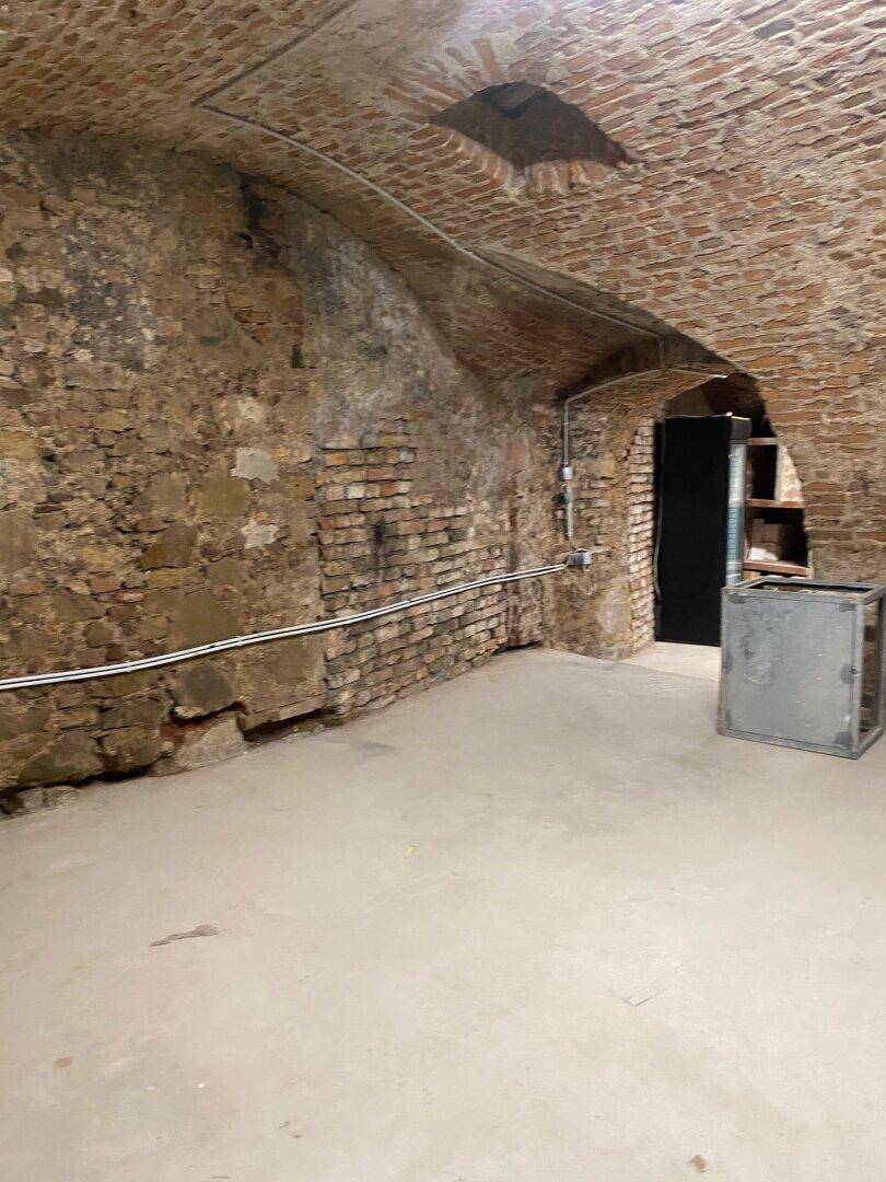 Geräumiger Kellerbereich mit unverputzten Ziegelwänden, Betonboden und sichtbaren Installationen.
