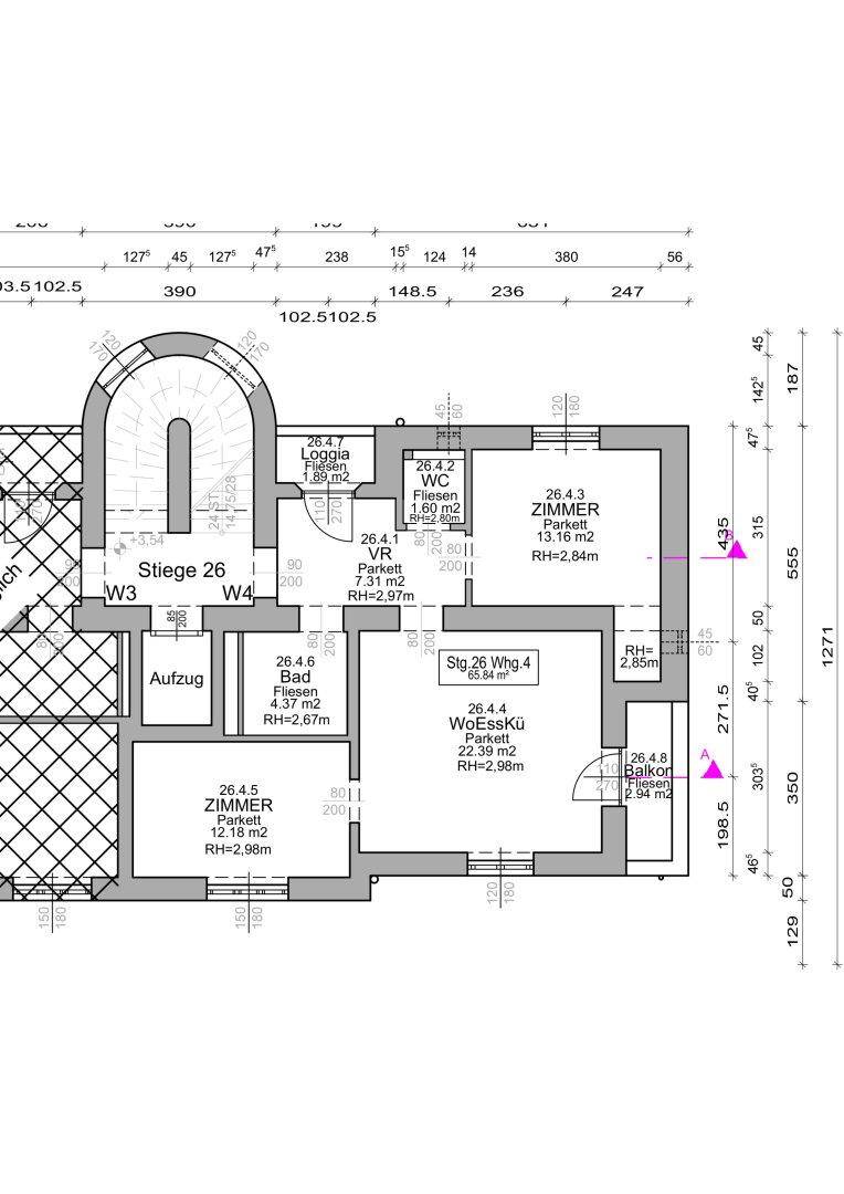 Grundriss einer modernen Wohnung mit offenem Wohn-Ess-Küchenbereich, zwei Zimmern, Bad, separatem WC, Loggia und Balkon.