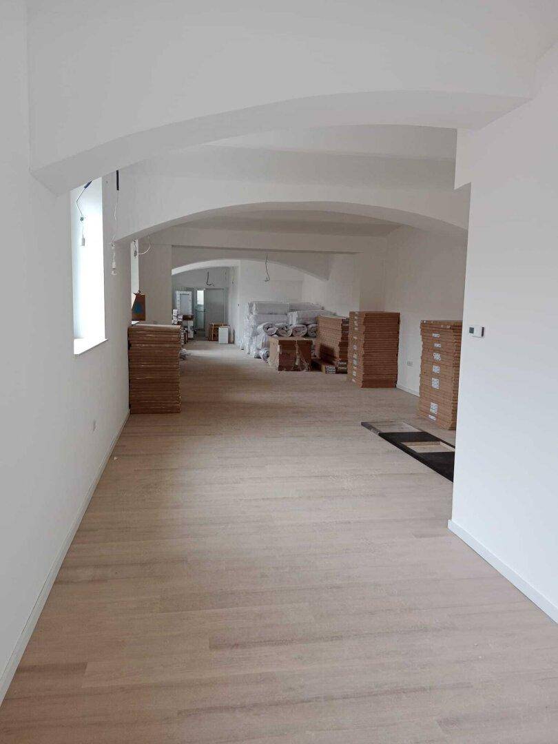 Weitläufiger, offener Raum mit hellem Holzboden und charakteristischen gewölbten Decken.