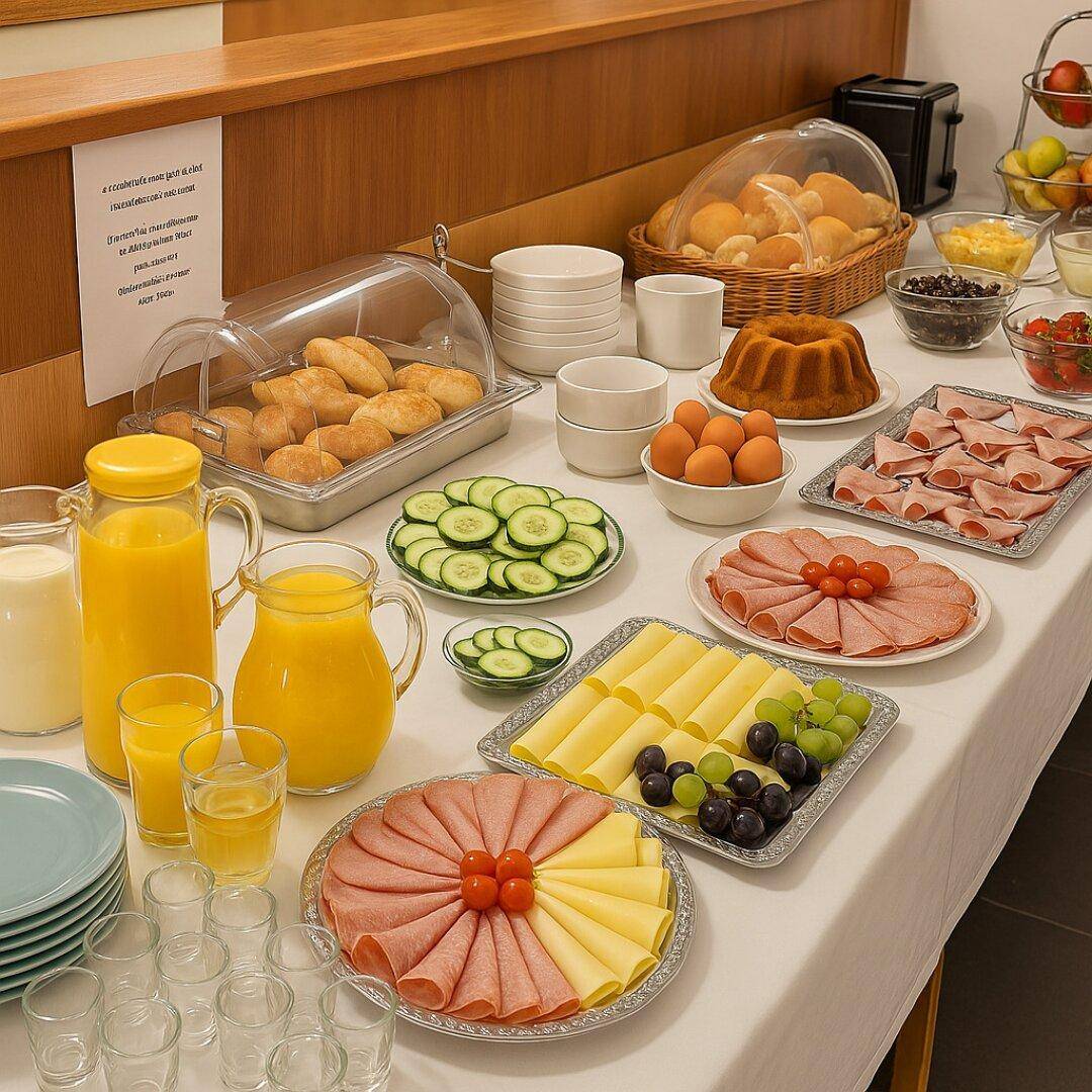 Reichhaltiges Frühstücksbuffet mit Wurst, Käse, Brot und frischen Säften auf einem Tisch.