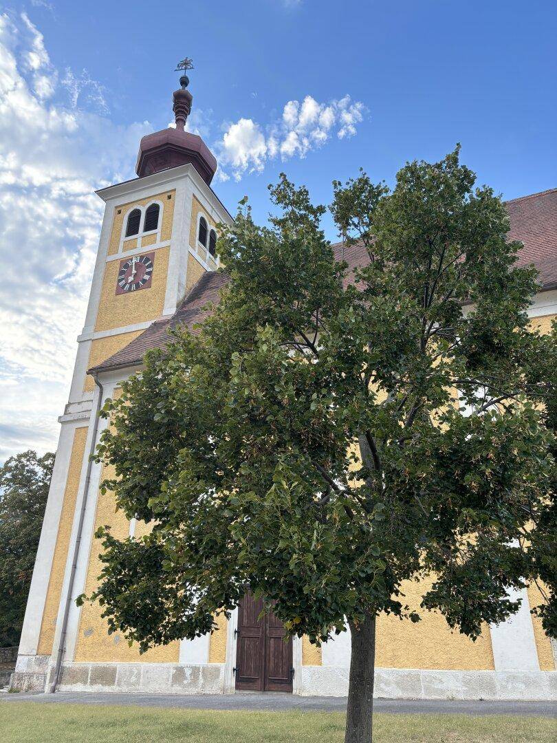 Historische Kirche mit gelber Fassade, Uhrturm und einem Baum im Vordergrund unter blauem Himmel.