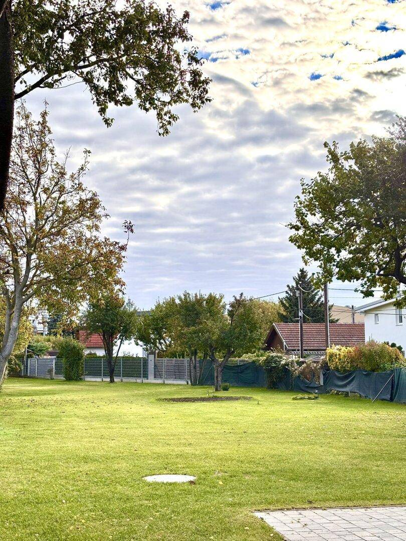 Großer, gepflegter Garten mit weitem Rasen und Bäumen im Hintergrund unter bewölktem Himmel.