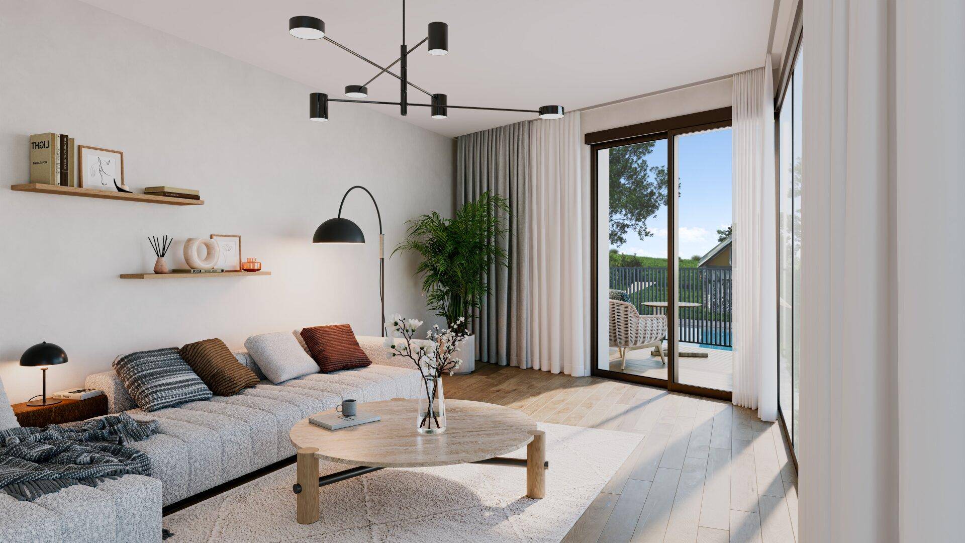 Helles Wohnzimmer mit modernen Möbeln, Holzboden und großem Fenster mit Blick auf den Pool.
