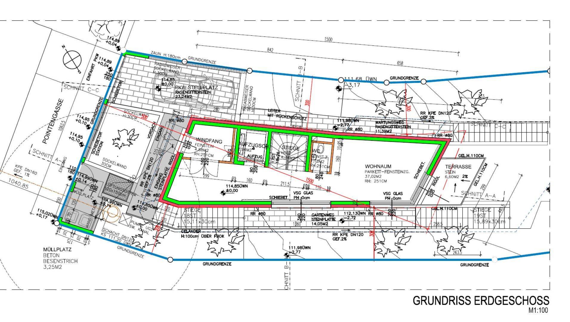 Grundriss des Erdgeschosses mit offenem Wohnbereich, Terrasse und Garten-Sitzplatz.
