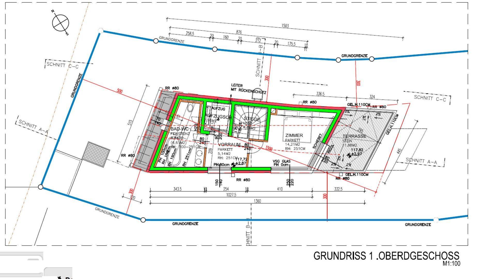 Grundriss des ersten Obergeschosses mit Schlafzimmern, Bad und einer großen Terrasse.