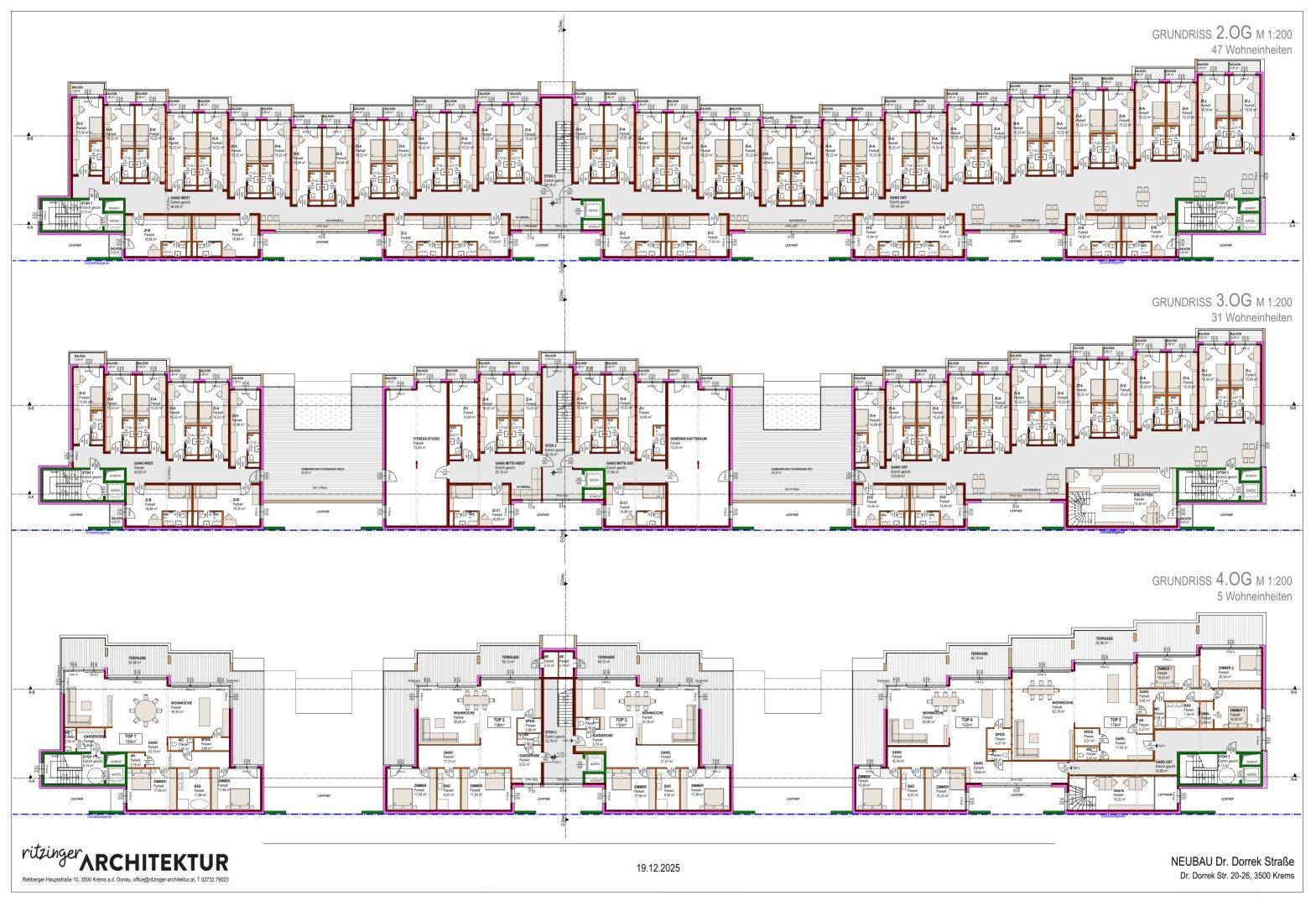 Grundrisse der oberen Stockwerke mit verschiedenen Wohnungstypen und Balkonen.