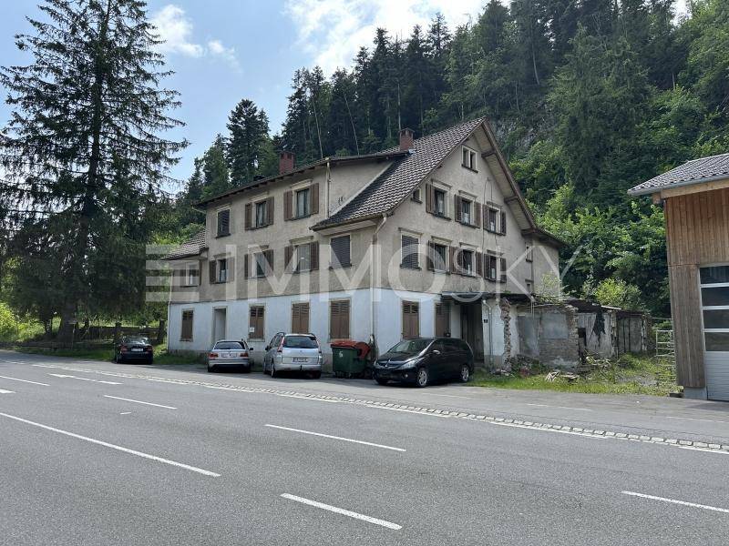 Älteres Mehrfamilienhaus an einer Straße, umgeben von Bäumen und einem bewaldeten Hügel.