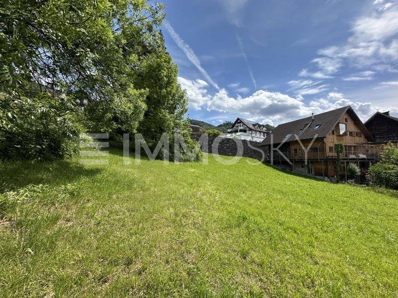 Großes Holzhaus mit Balkonen auf einem grünen Hang, umgeben von Bäumen und Natur.