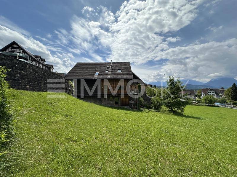 Traditionelles Holzhaus auf einer grünen Wiese mit Bergblick unter einem bewölkten Himmel.