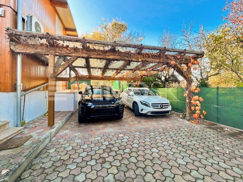 Überdachter Carport für zwei Fahrzeuge mit gepflasterter Auffahrt und begrüntem Rankgerüst.