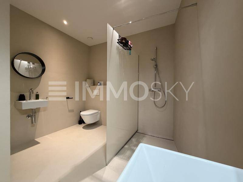 Modernes Badezimmer mit begehbarer Dusche, Wand-WC und elegantem Einzelwaschbecken.