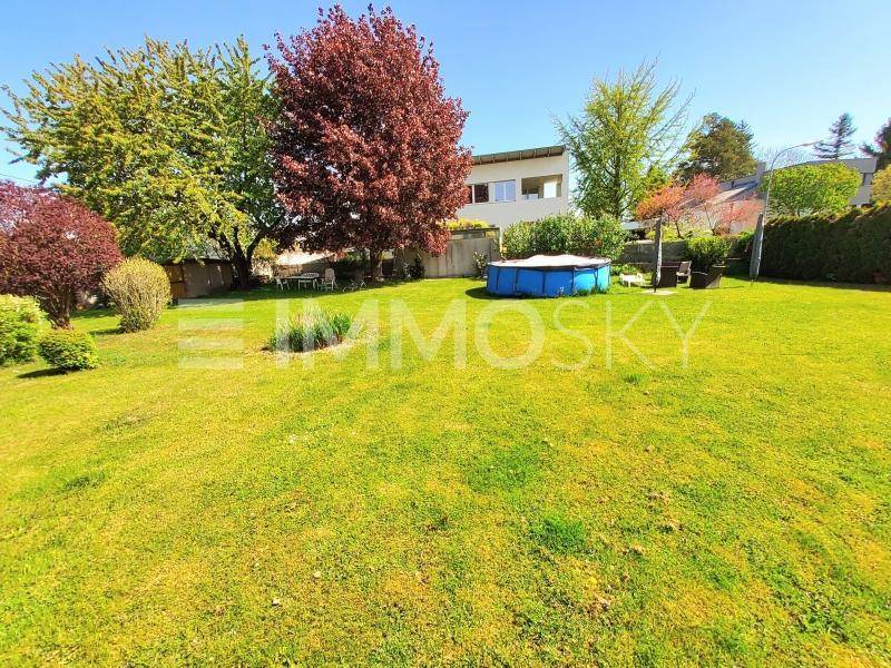 Großer, sonniger Garten mit Rasenfläche, verschiedenen Bäumen und einem Aufstellpool im hinteren Bereich.