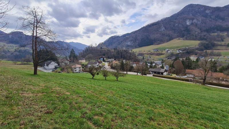 Panoramablick über eine sanfte grüne Wiese auf ein idyllisches Dorf, umgeben von bewaldeten Hügeln und majestätischen Bergen.