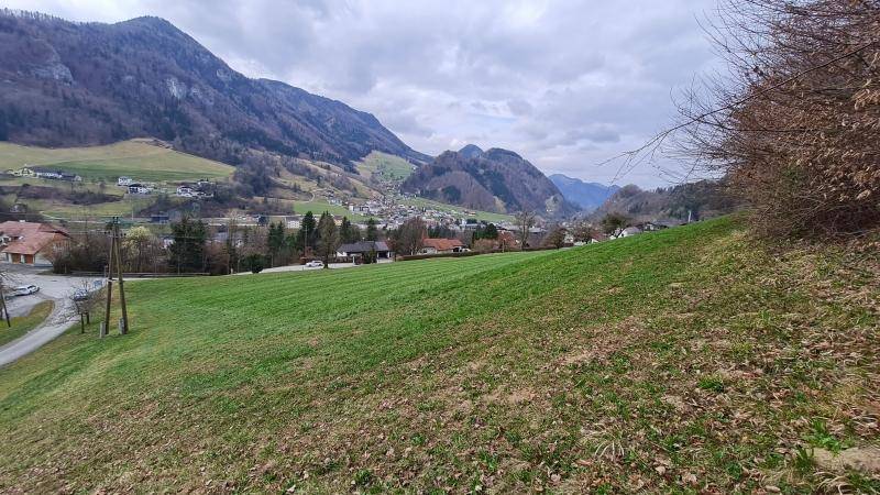 Hanglage mit weitem Blick über eine grüne Landschaft, ein kleines Dorf im Tal und die umliegenden bewaldeten Berge.