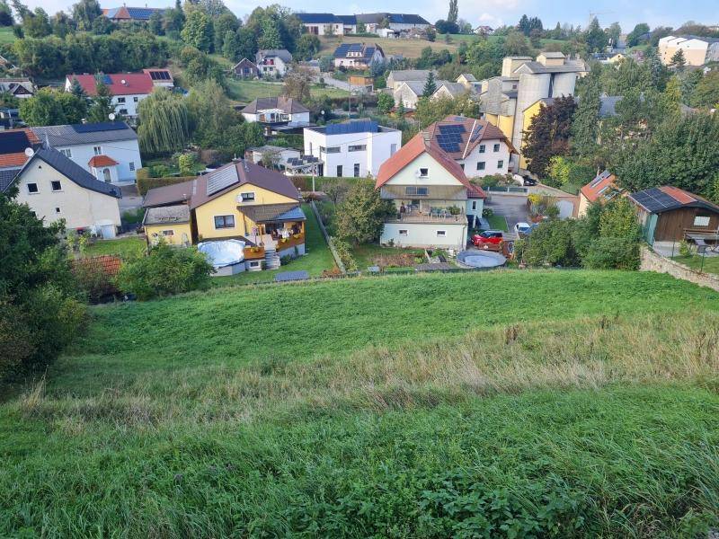 Blick über eine grüne Wiese auf eine Wohnsiedlung mit Einfamilienhäusern und viel Grün.