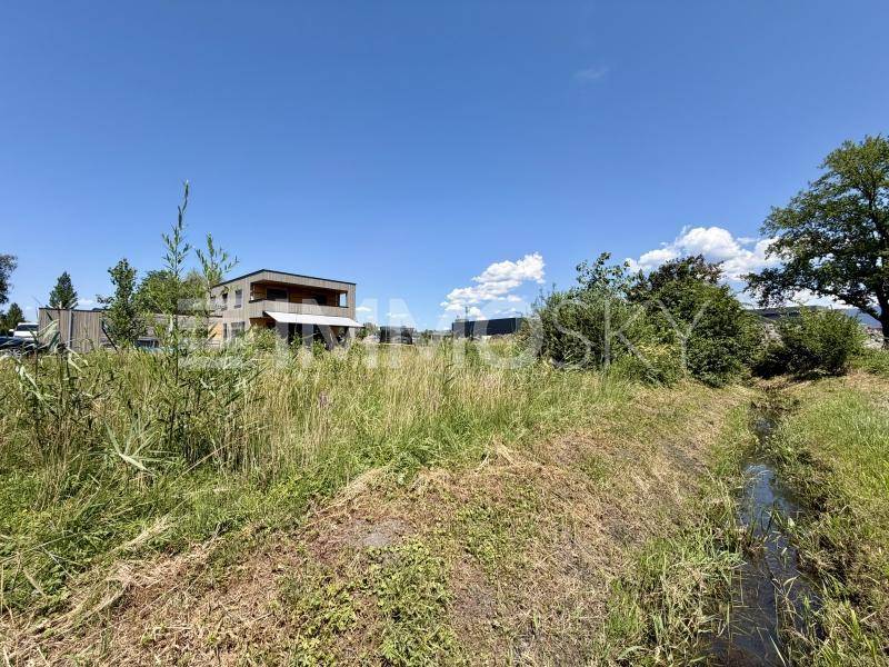 Grüne Wiese mit einem kleinen Wassergraben und einem modernen Wohnhaus in der Ferne unter klarem Himmel.