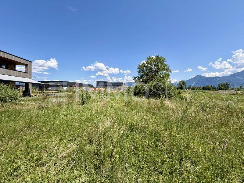 Weitläufiges Wiesengrundstück mit einem modernen Gebäude und einer Bergkette am Horizont.