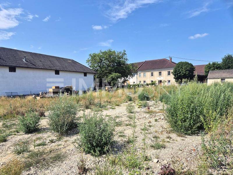 Offenes Gelände mit niedriger Vegetation und mehreren Gebäuden im Hintergrund unter blauem Himmel.