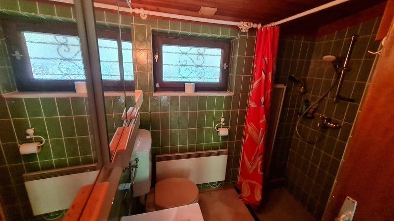 Badezimmer mit grünen Fliesen, Dusche, Toilette und zwei kleinen Fenstern.