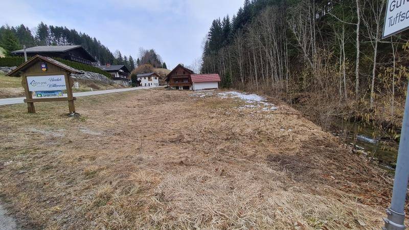 Winterliche Landschaft mit trockenem Gras, Häusern am Hang und einem Bach, umgeben von Bäumen.