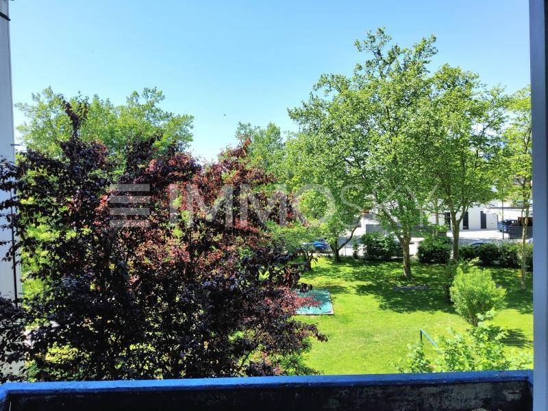 Grüner Ausblick von einem Balkon auf Bäume und eine gepflegte Rasenfläche.