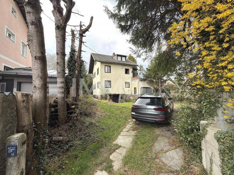 Ansicht des Hauses von der Einfahrt mit geparktem Auto und blühenden Bäuchern im Frühling.