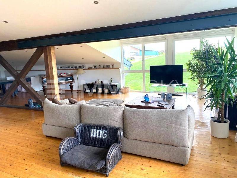 Geräumiges Wohnzimmer mit Holzboden, bequemer Couch und großen Fenstern mit Blick ins Grüne.