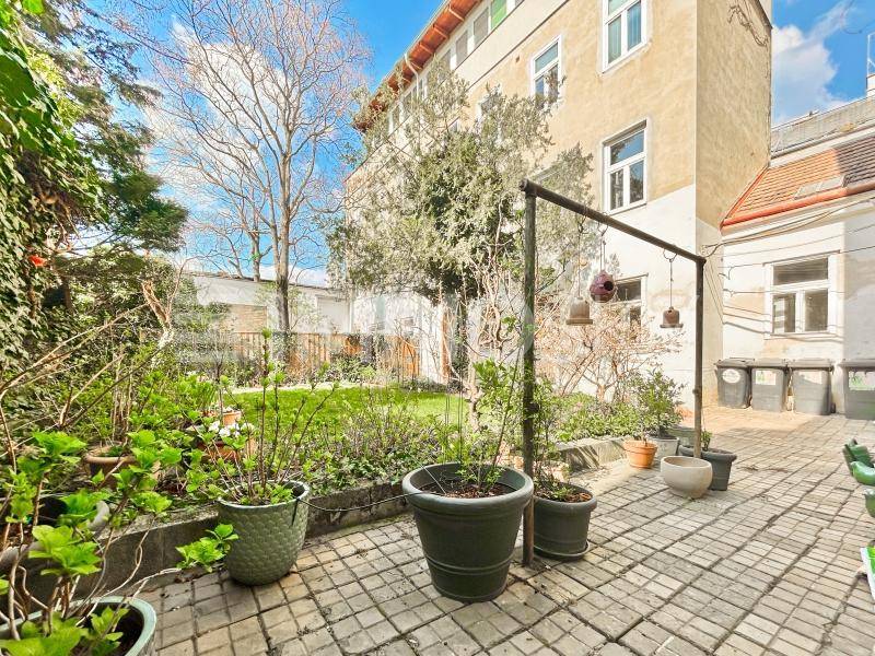 Gepflasterter Gartenbereich mit Topfpflanzen und Rasenfläche, umgeben von Gebäuden.