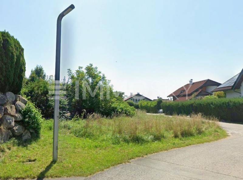 Grünes Grundstück mit einer Laterne und einer Steinmauer, umgeben von Bäumen und Wohnhäusern in der Ferne.