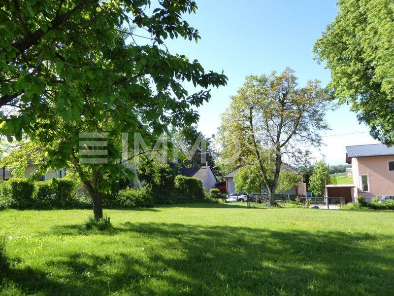 Großer Gartenbereich mit viel Grün, Bäumen und einem weiten Blick auf die umliegende Bebauung.